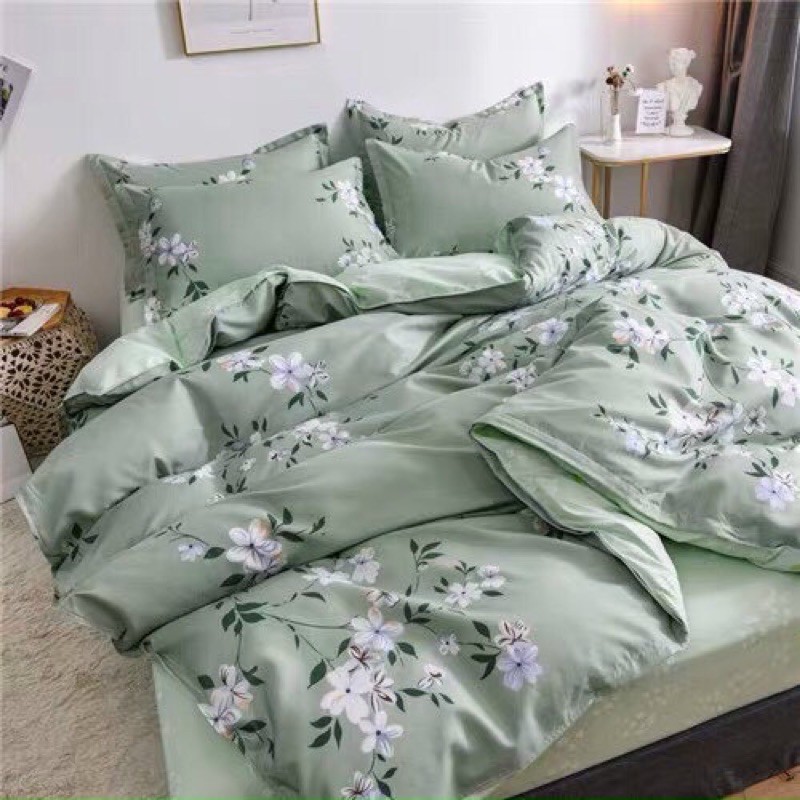 Bộ Chăn Ga Gối Cottong Poly Hoa Xanh Ngọc