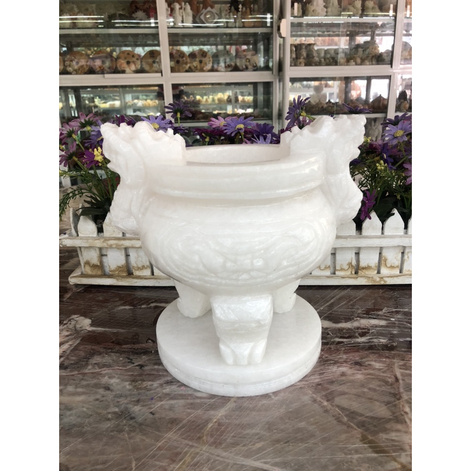 Lư hương bát nhang thờ cúng chạm hình rồng đá trắng đặt bàn thờ - Cao 20 cm