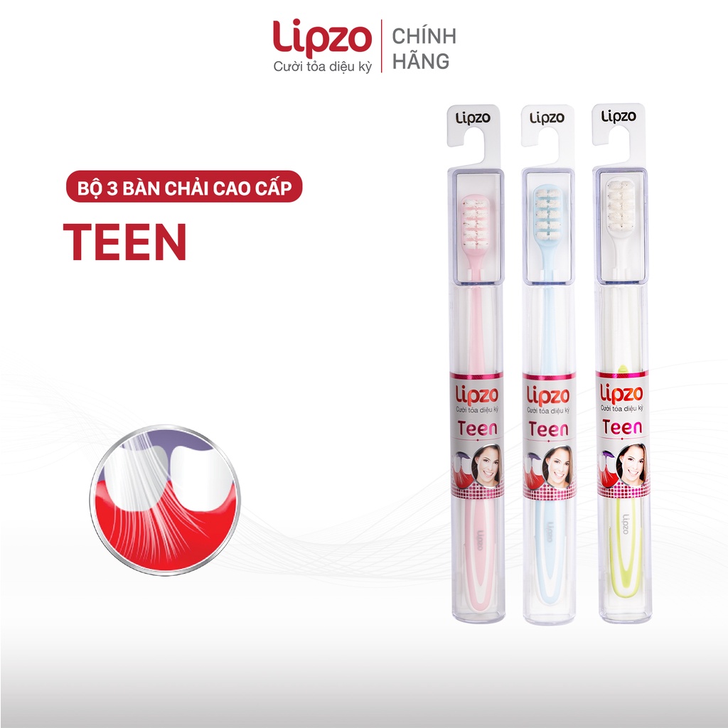 Combo 3 Bàn Chải Đánh Răng LIPZO Teen Cao Cấp Công Nghệ Chỉ Tơ Xoắn Kép, Đầu Bàn Chải Thiết Kế Phù Hợp Khuôn Hàm Người T
