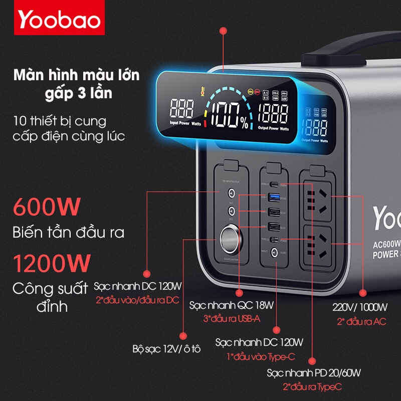 Trạm Sạc Dự Phòng Khẩn Cấp Yoobao EN600S Dung Lượng Lớn 148800mAh/ 600W/ Sạc Nhanh PD 60W Tích Hợp Đèn Pin Có Thể Mang Đ