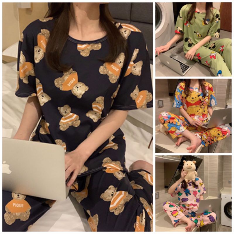 Bộ đồ ngủ áo cộc quần dài mùa hè chất thun cotton mỏng mát