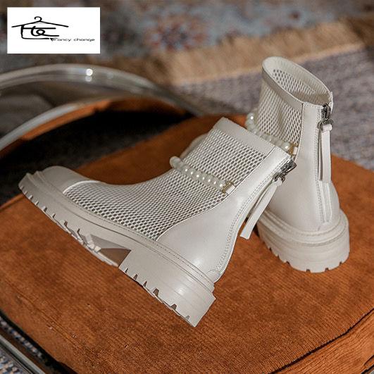 Giày Bốt Martin Bằng Da Bò Phối Lưới Đính Ngọc Trai Thời Trang Xuân Hè 2022 Cho Nữ