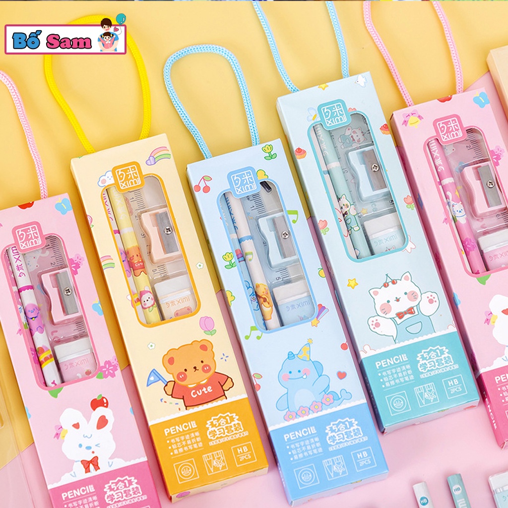 Set 4 chi tiết thước kẻ, bút chì, gọt bút, tẩy có hộp quai đeo đi học cho bé Shop Bố Sam