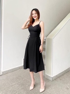 Đầm maxi váy 2 dây đen đan dây eo (kèm hình thật)
