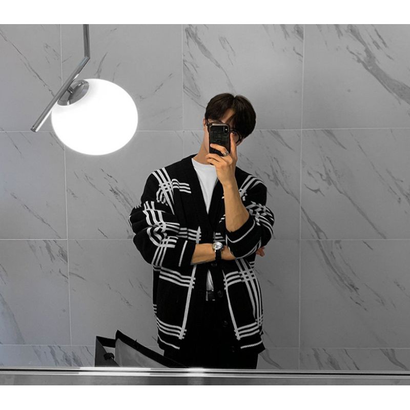 Áo khoác len Cardigan thu đông form rộng kẻ ô sọc cho nam