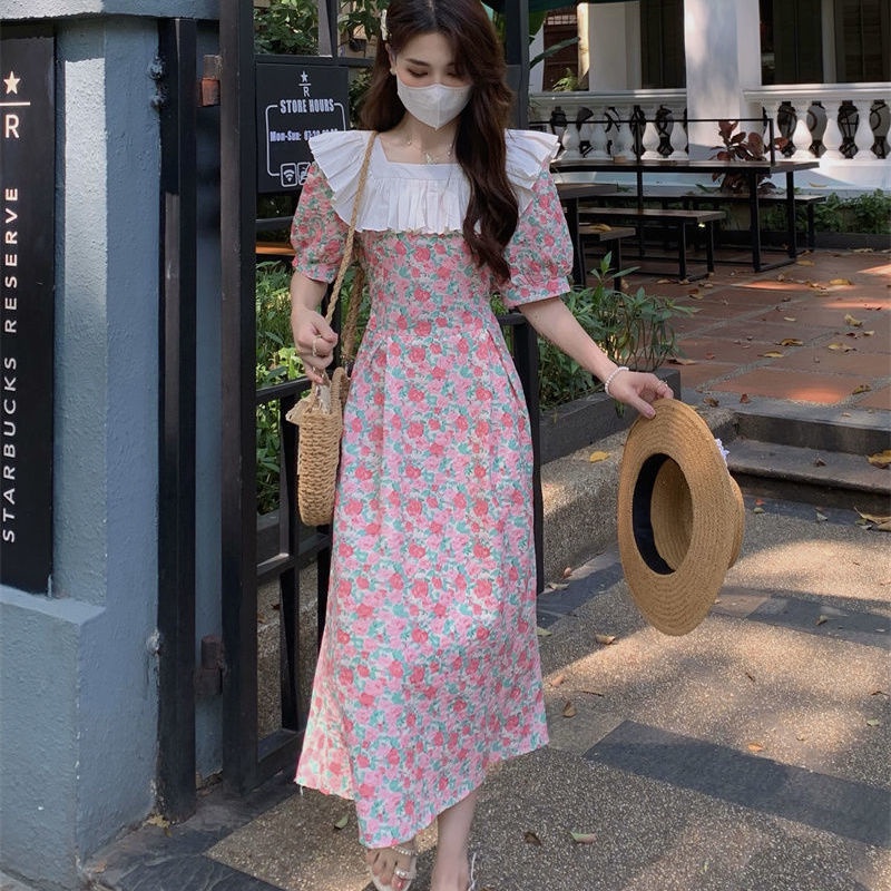 Đầm Hoa Cổ Vuông Tay Phồng Thời Trang Mùa Hè Pháp Kiểu Mới 2022