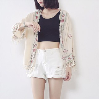 Áo kimono lửng thổ cẩm thêu