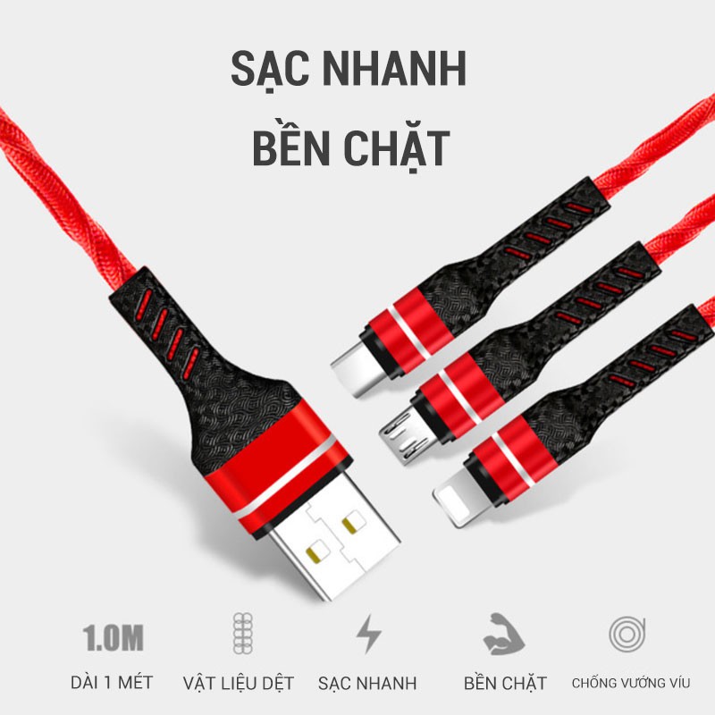 [siêu rẻ] Cáp sạc dữ liệu sạc nhanh 3A, cáp sạc nhanh 3 trong 1 thích hợp cho iphone và Huawei C2