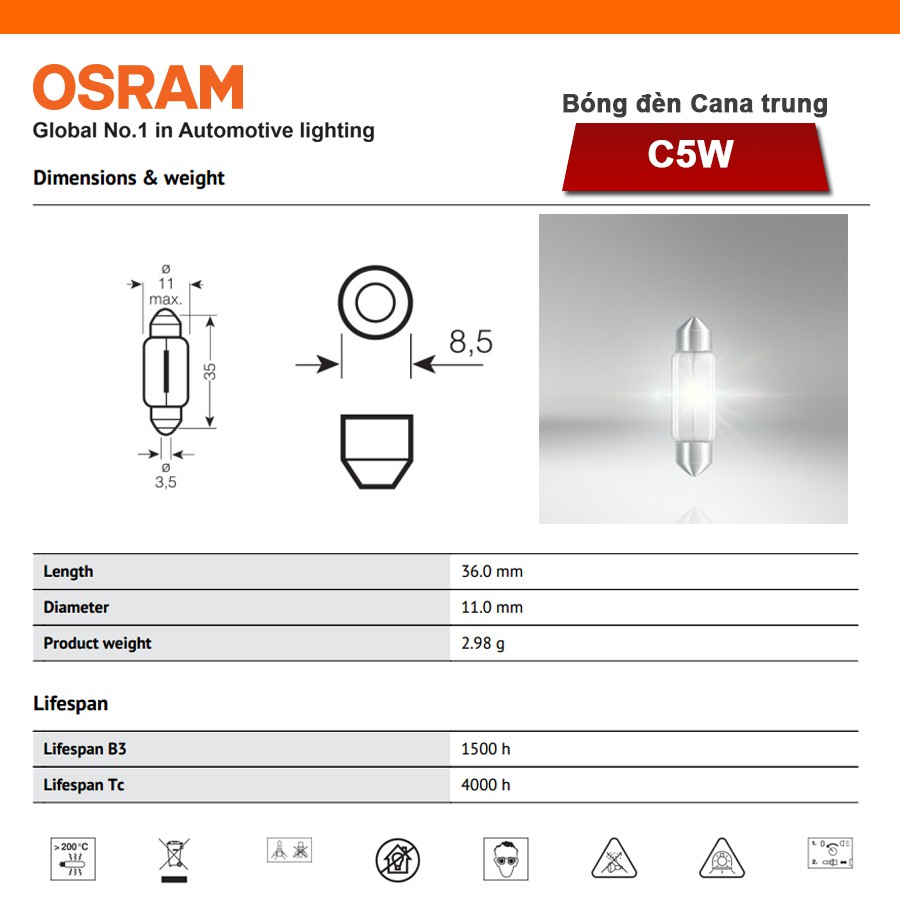 [Mã BMBAU50 giảm 10% đơn 99k] Combo 10 Bóng Đèn Cana Trung OSRAM Original C5W 24V 5W Nhập Khẩu Chính Hãng