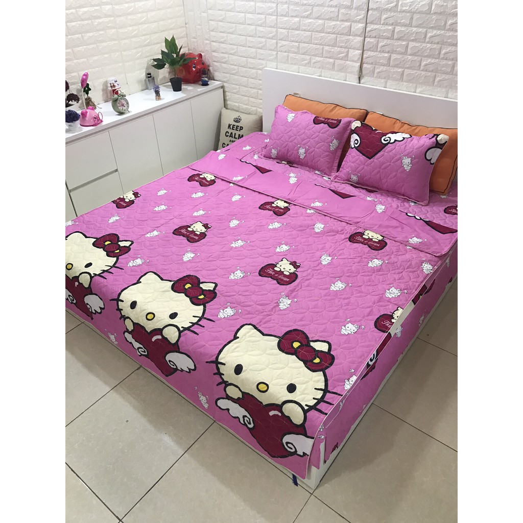 SALE 69K Bộ ga gối poly 1,6m HELLO KITTY CHẤM BI TO