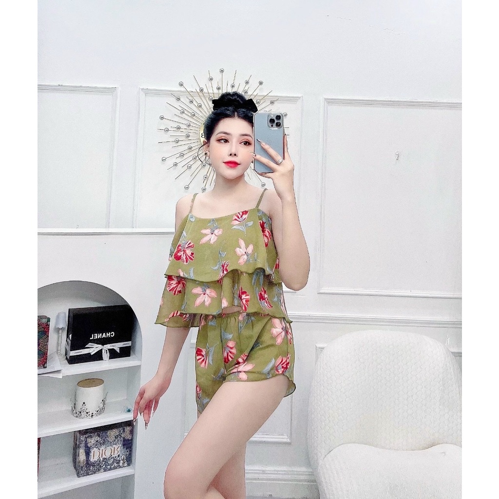 Đồ ngủ nữ sexy  đồ bộ mặc nhà quần đùi chất voan chiffon mềm mát.