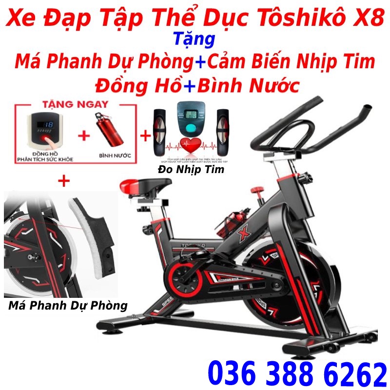 Xe đạp tập thể dục gym toshiko x8 tặng full đồ má phanh sơ cua + đo nhịp tim + đồng hồ 7 thông số +  bình nước, bh 3 năm