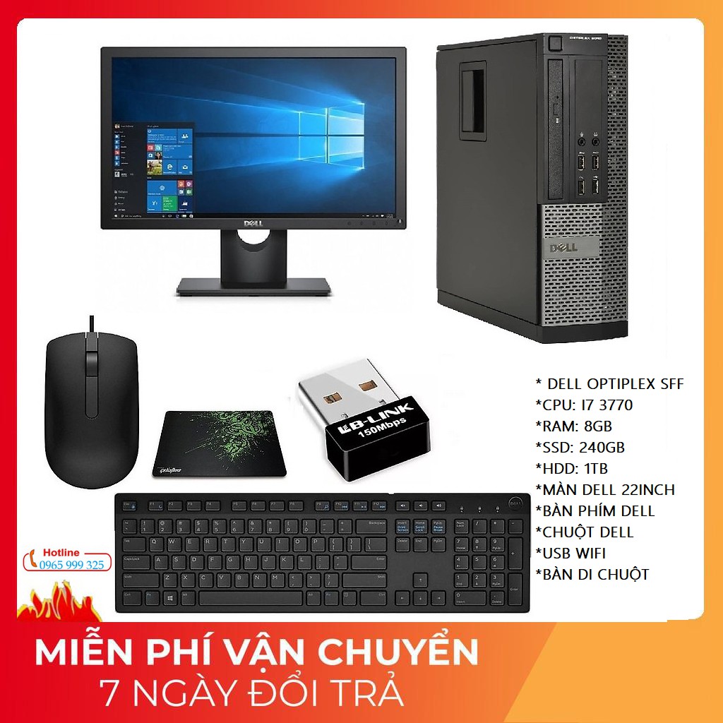 Bộ máy tính để bàn Dell Optiplex core i7 3770 ram 8gb SSD 240gb HDD 1TB, Màn hình Dell 22 inch. Quà Tặng.Bảo hành 2 năm