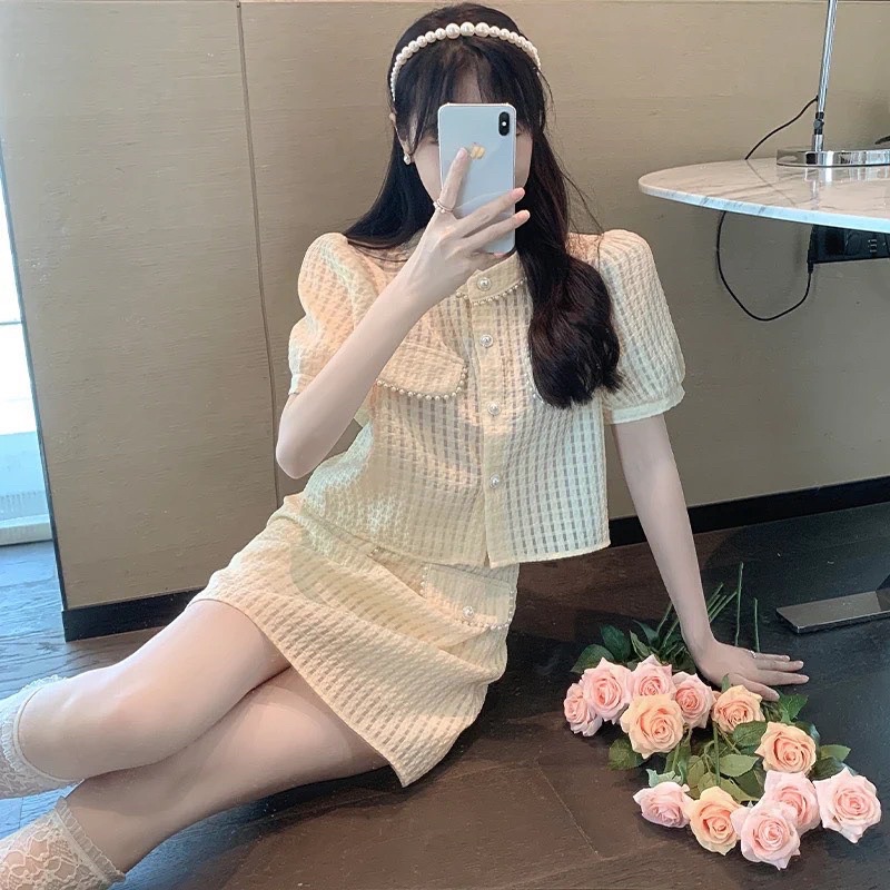 SET ÁO XỐP KEM TAY BỒNG + CHÂN VÁY KEM