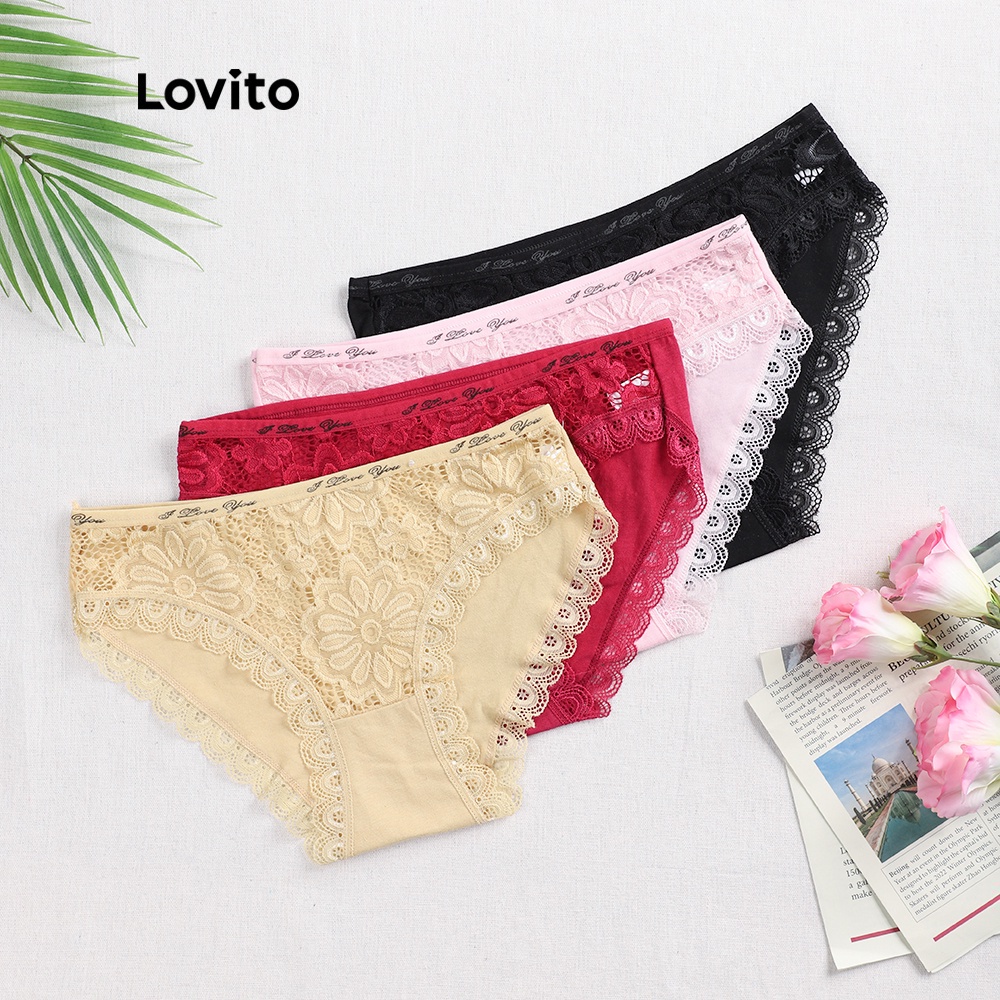 Quần lót Lovito phối ren in chữ đơn giản L00305 (hồng/vàng/đỏ)