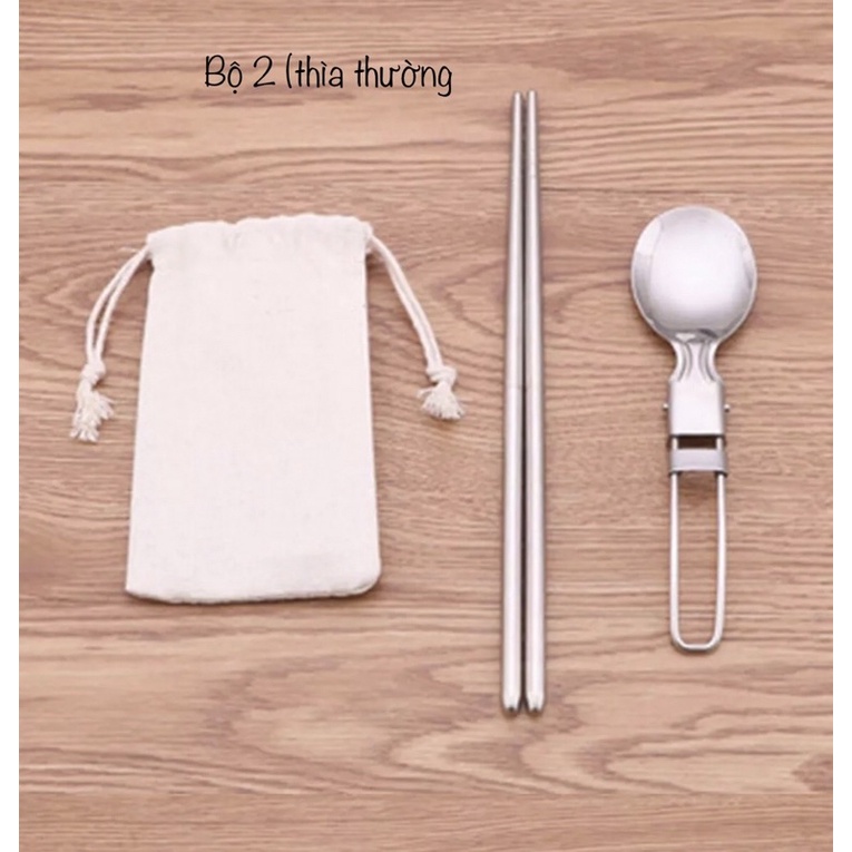 Bộ dao thìa dĩa đũa kèm túi vải dây rút cho du lịch dã ngoại