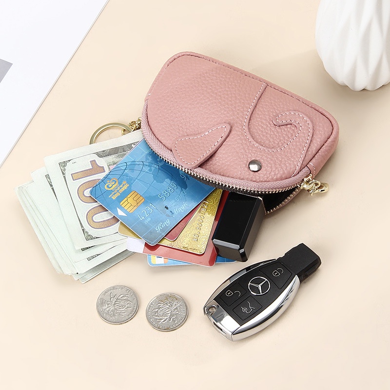 Ví Da Bò Thật Đựng Tiền Xu Mini Có Móc Khóa Hình Chú Voi Dễ Thương Cho Nữ