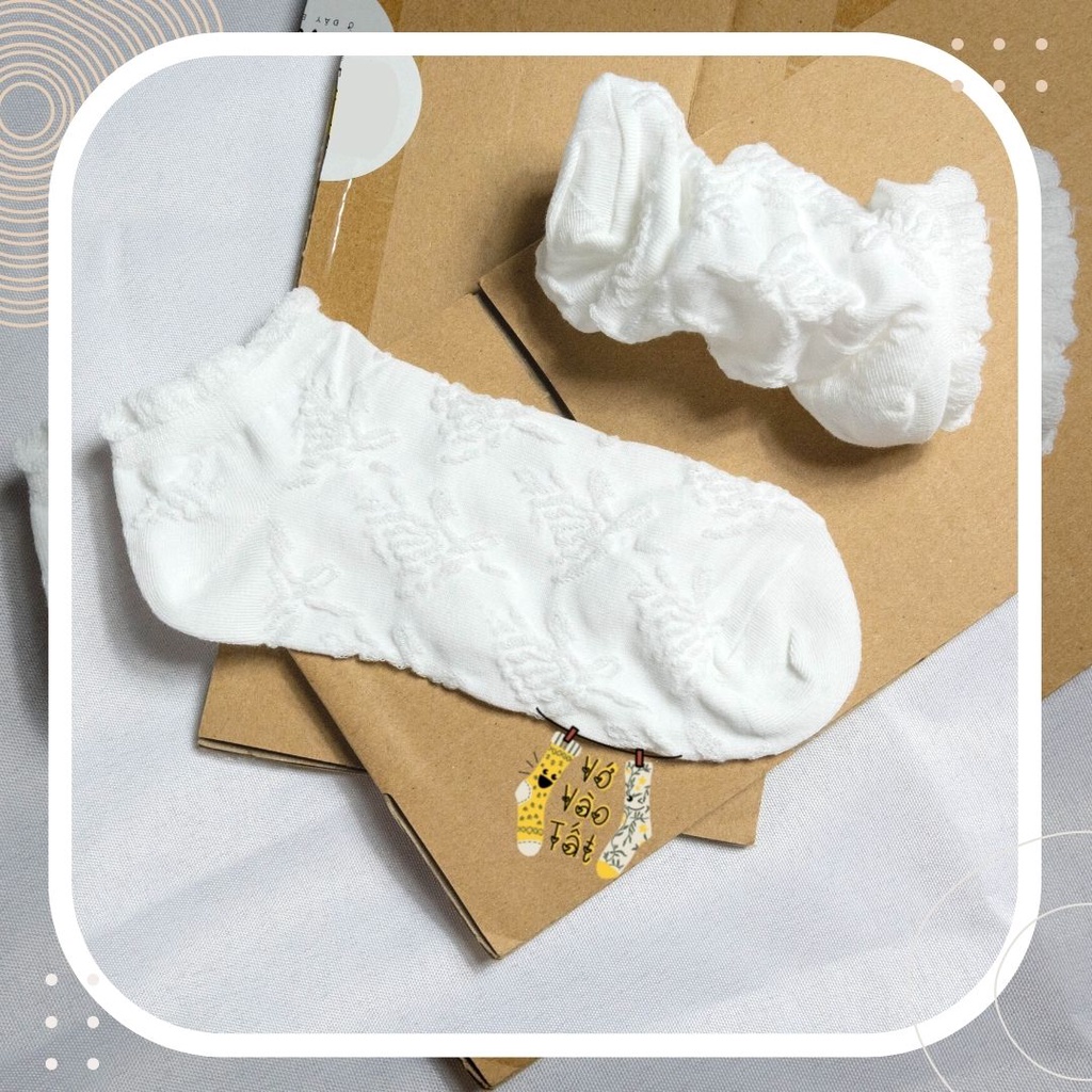 TẤT VỚ CỔ NGẮN NỮ TRẮNG TRƠN HỌA TIẾT NỔI KIỂU LOLITA