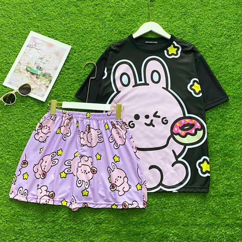 Đồ bộ ngủ nam nữ mặc nhà chất thun co giãn thoải mái form set áo tay lửng in hình dễ thương