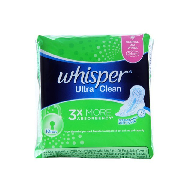 BĂNG VỆ SINH WHISPER ULTRA CLEAN CÓ CÁNH 24CM 10 MIẾNG