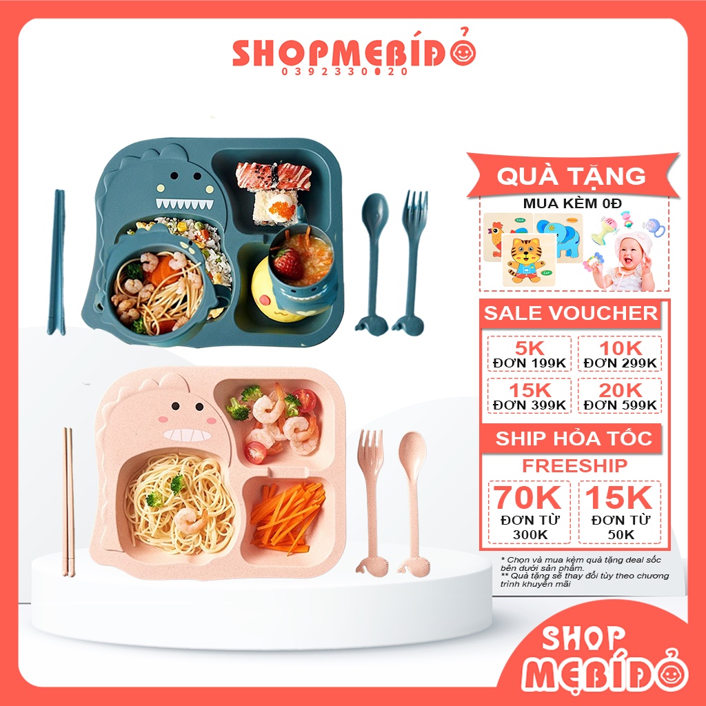 Set Khay Ăn Dặm Lúa Mạch Hình Khủng Long 6 Món Kèm Cốc Bát Thìa Nĩa Đũa Siêu Đáng Yêu Cho Bé Shop Mẹ Bí Đỏ