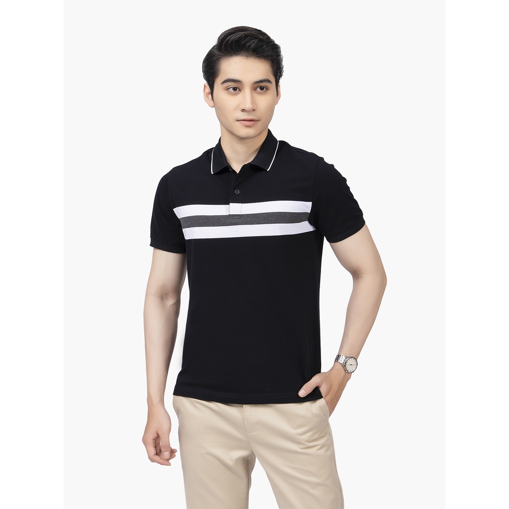 Áo thun polo nam Aristino APS129S2 phông ngắn tay có cổ bẻ dáng suông vừa màu đen kẻ trắng vải cotton cao cấp mềm mại