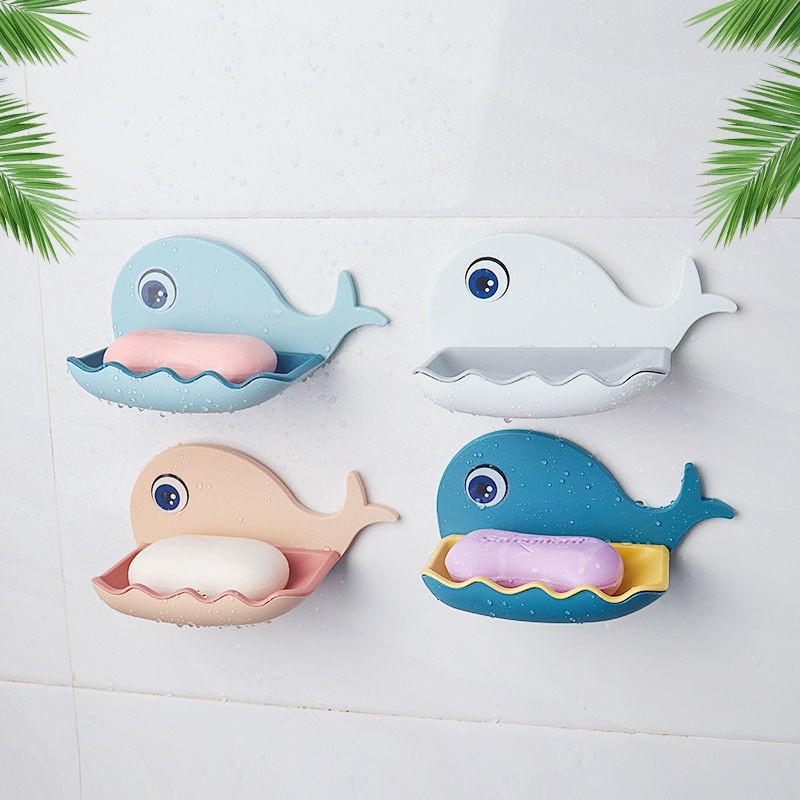 Khay kệ đựng xà phòng xà bông hình cá voi dán tường siêu dính bằng nhựa có lỗ thoát nước chịu lực tốt màu xanh hồng