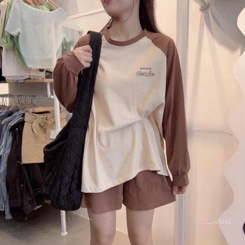 [Xa Kho] [Xa kho] Bộ Áo Thun Pha Tay Thu Đông Kèm Quần Đùi Unisex 🦋 Set Quần Áo Dài Tay Dáng Thể Thao 3 Màu Ullzzang🦋