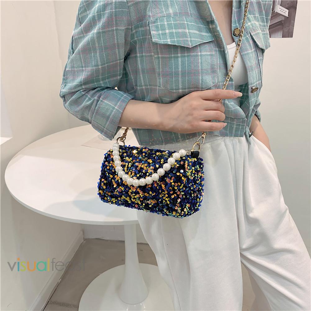 ❤Túi Xách Đeo Vai Hình Trụ Đính Kim Sa Ngọc Trai Phối Dây Xích Thời Trang Cho Nữ