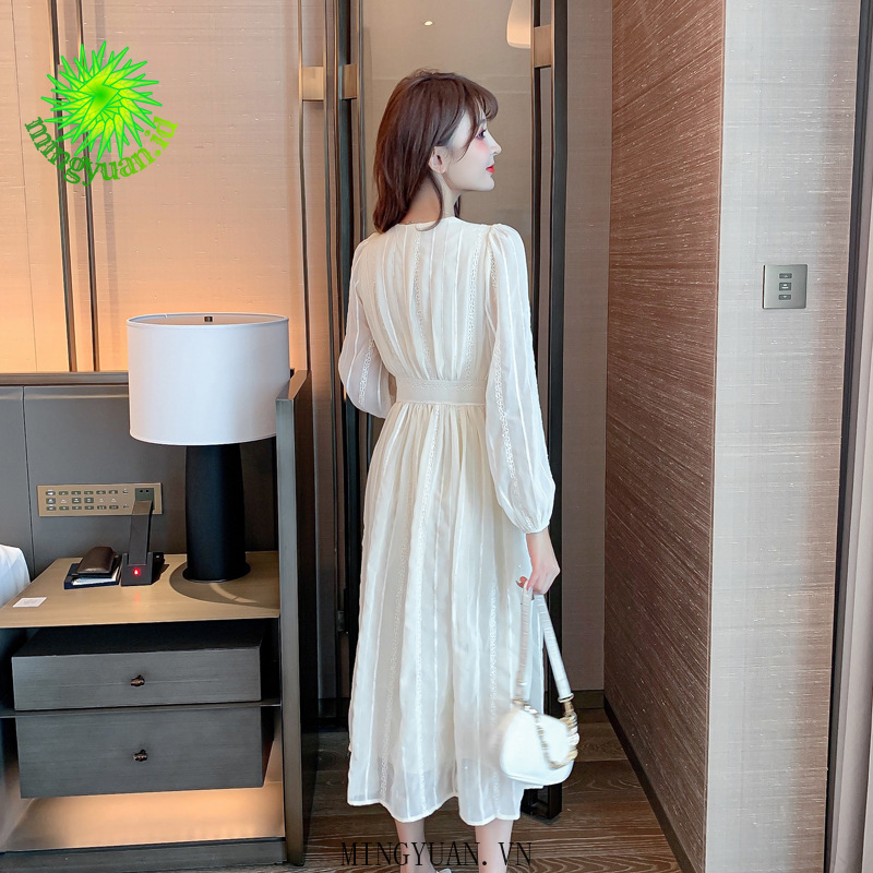 ( Mingyuan ) New retro v-neck long-sleeved waist slim dress