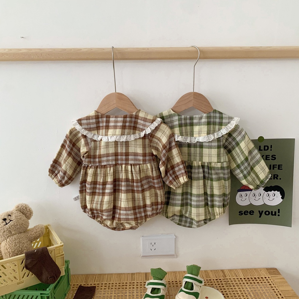 Bộ Áo Liền Quần Tay Dài Vải Cotton Họa Tiết Sọc Caro Thời Trang Mùa Thu Cho Bé Gái