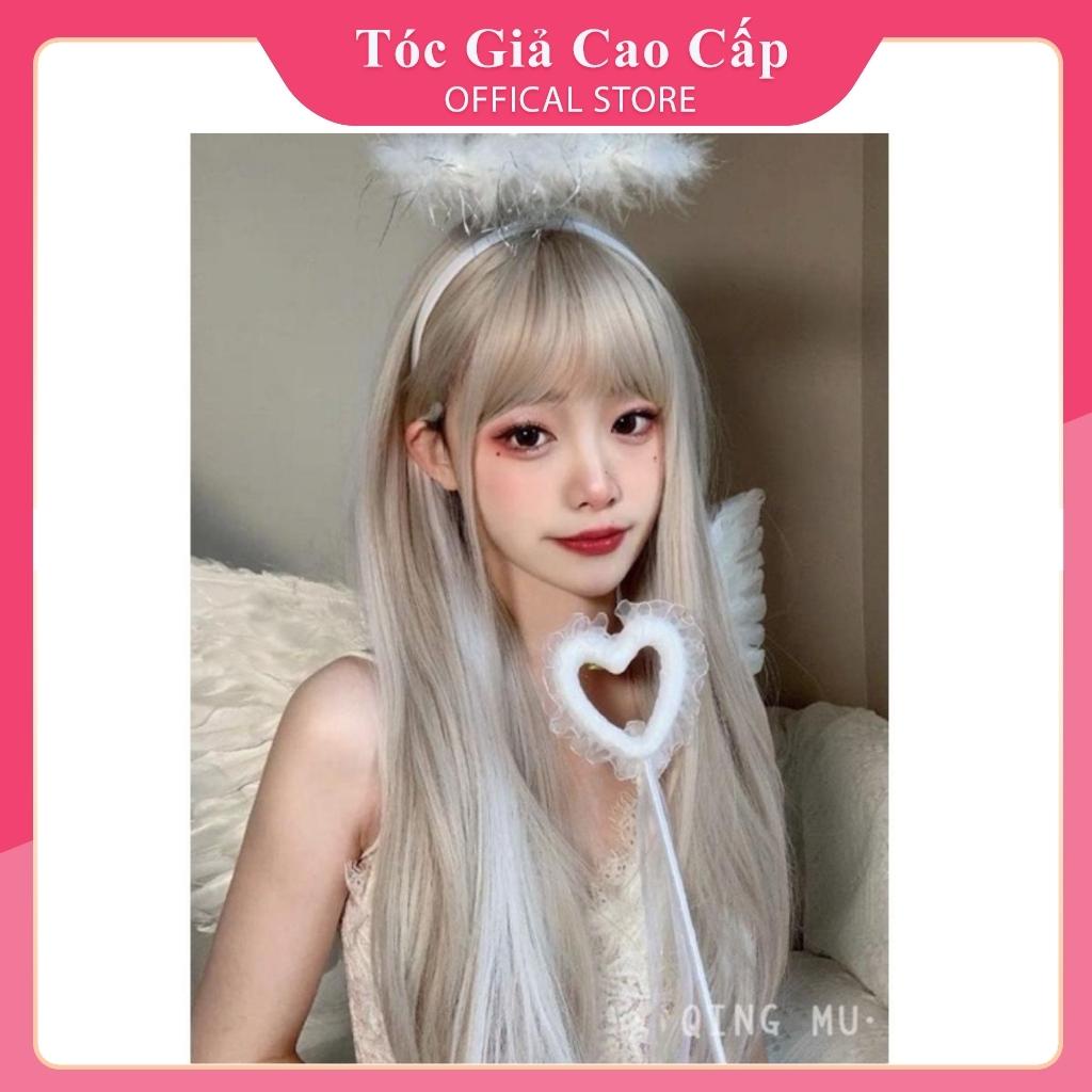 Tóc giả nữ nguyên đầu thẳng phối line trắng, tặng kèm lưới trùm tóc giả