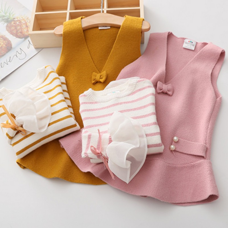 Babyme Autumn Baby Girls Stripe Print Long Flare Sleeve Fake 2 Piece Dress Kids Princess Dresses