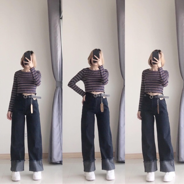 Quần jeans gập gấu - Quần ống rộng culottes ulzzang