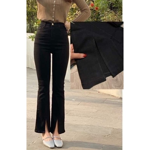 Quần bigsize nữ, quần ống loe xẻ gấu jean skinny, xẻ trước màu đen trơn co dãn thoải mái chất dày dặn cạp cao tôn dáng