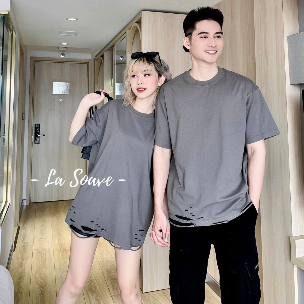 Áo thun tay lỡ nam nữ Unisex LA SOAVE màu xám rách đuôi form rộng dáng Ulzzang cho cặp đôi đang yêu - Trendy 2021