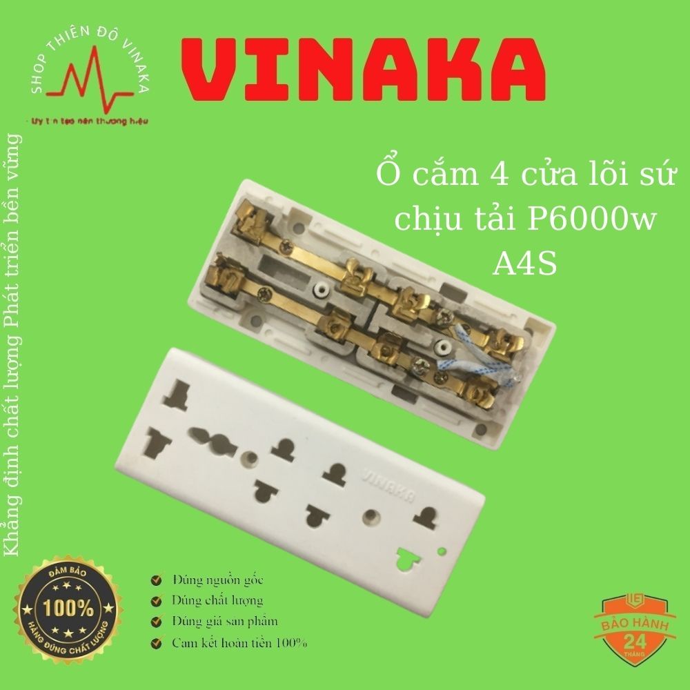 Ổ cắm điện 4 cửa lõi sứ chịu tải 6000w VINAKA, ổ điện chống vỡ nhựa ABS lõi sứ chống cháy chịu nhiệt