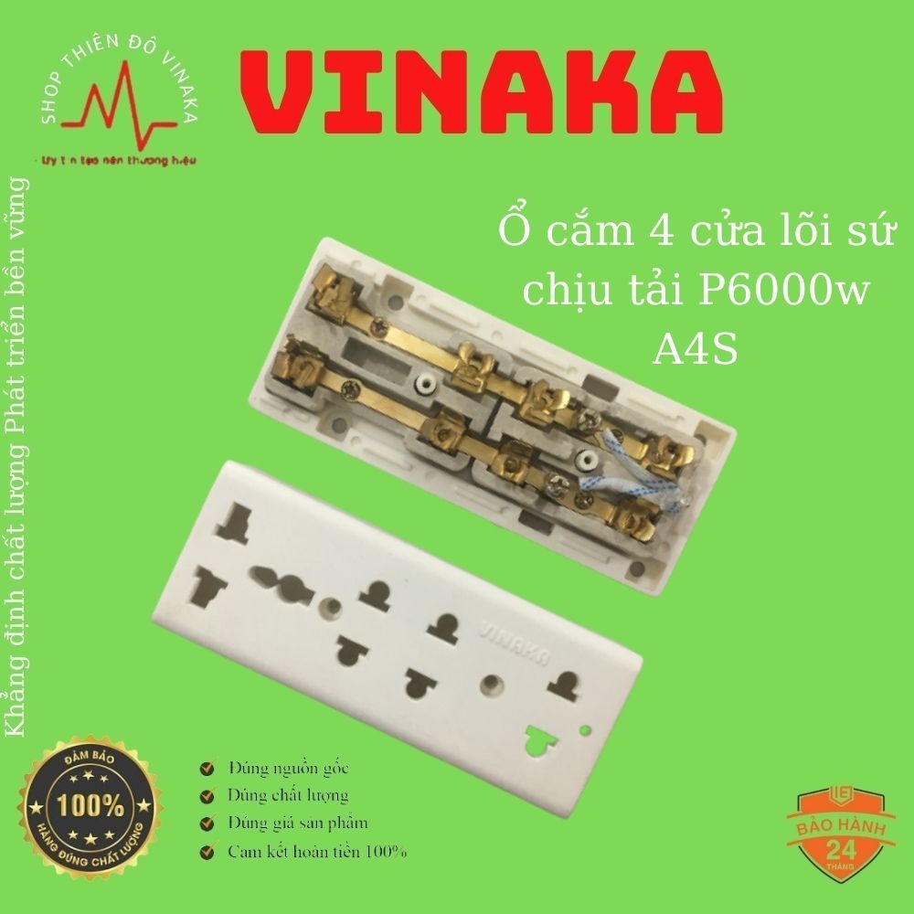 Ổ cắm điện 4 cửa lõi sứ chịu tải 6000w VINAKA, ổ điện chống vỡ nhựa ABS lõi sứ chống cháy chịu nhiệt cao