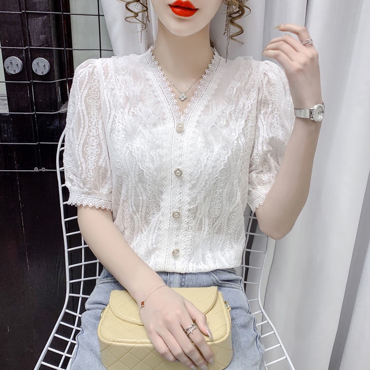 Áo sơ mi tay ngắn cổ chữ V màu trơn phối ren thời trang mùa hè phong cách Hàn Quốc cho nữ