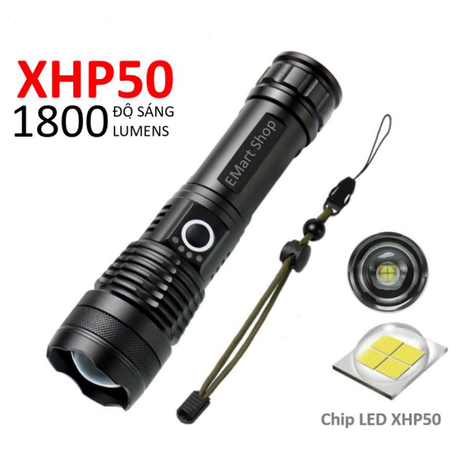 Đèn pin siêu sáng XHP50 chính hãng bản cao cấp tích điện dung lượng lớn, đèn pin mini bóng LED 3 chế độ sáng