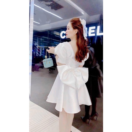 Đầm nữ dự tiệc cổ vuông kèm nơ bảng to váy trắng chụp hình kỷ yếu xinh đẹp dễ thương