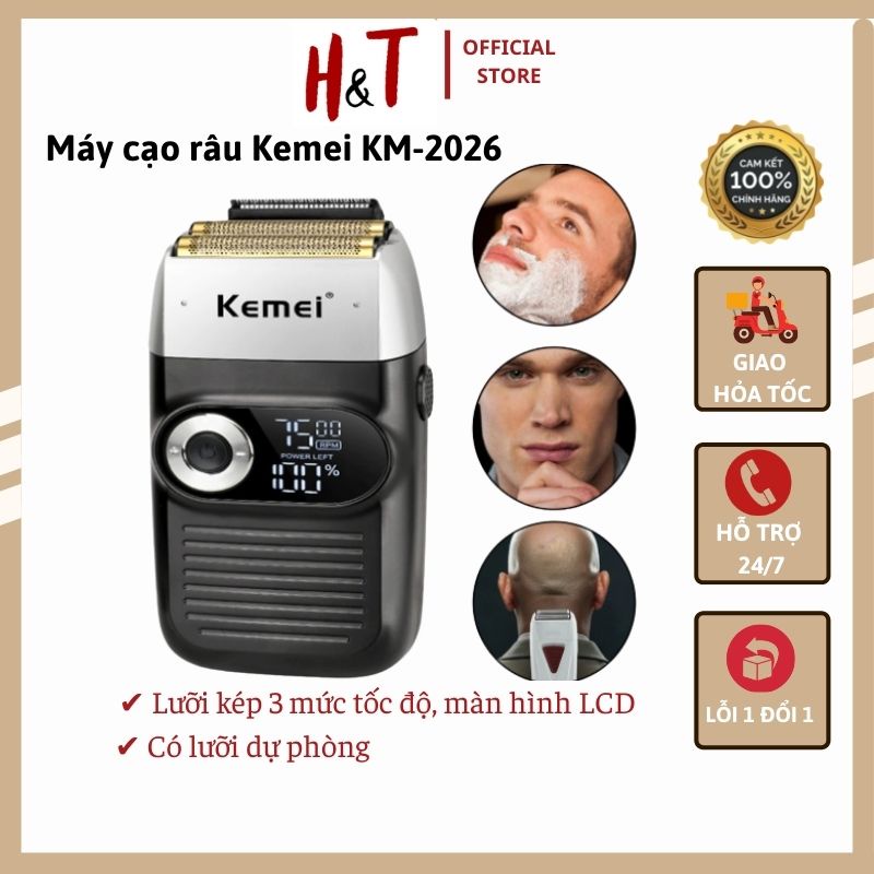 Máy Cạo Tóc, Tỉa Râu Lưỡi Kép 3 Mức Tốc Độ Kemei KM-2026 Đa Năng Màn Hình LCD, Sạc Pin
