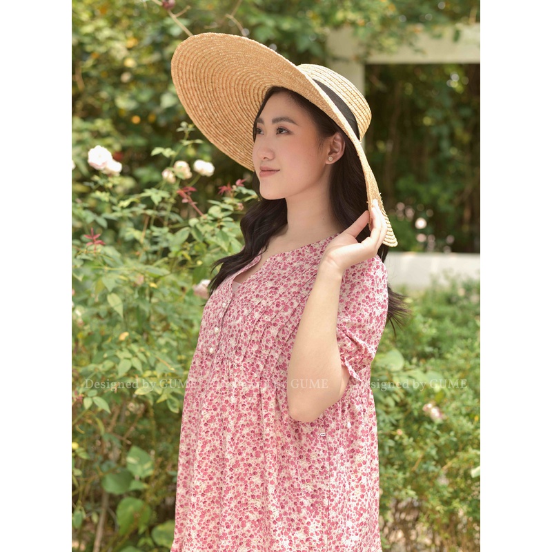 Váy Bầu Công Sở - Đầm Bầu GUME hoa đỏ 3 tầng phối tay bo chun chất vải đũi tơ size từ 40-100kg GM025 ảnh thật