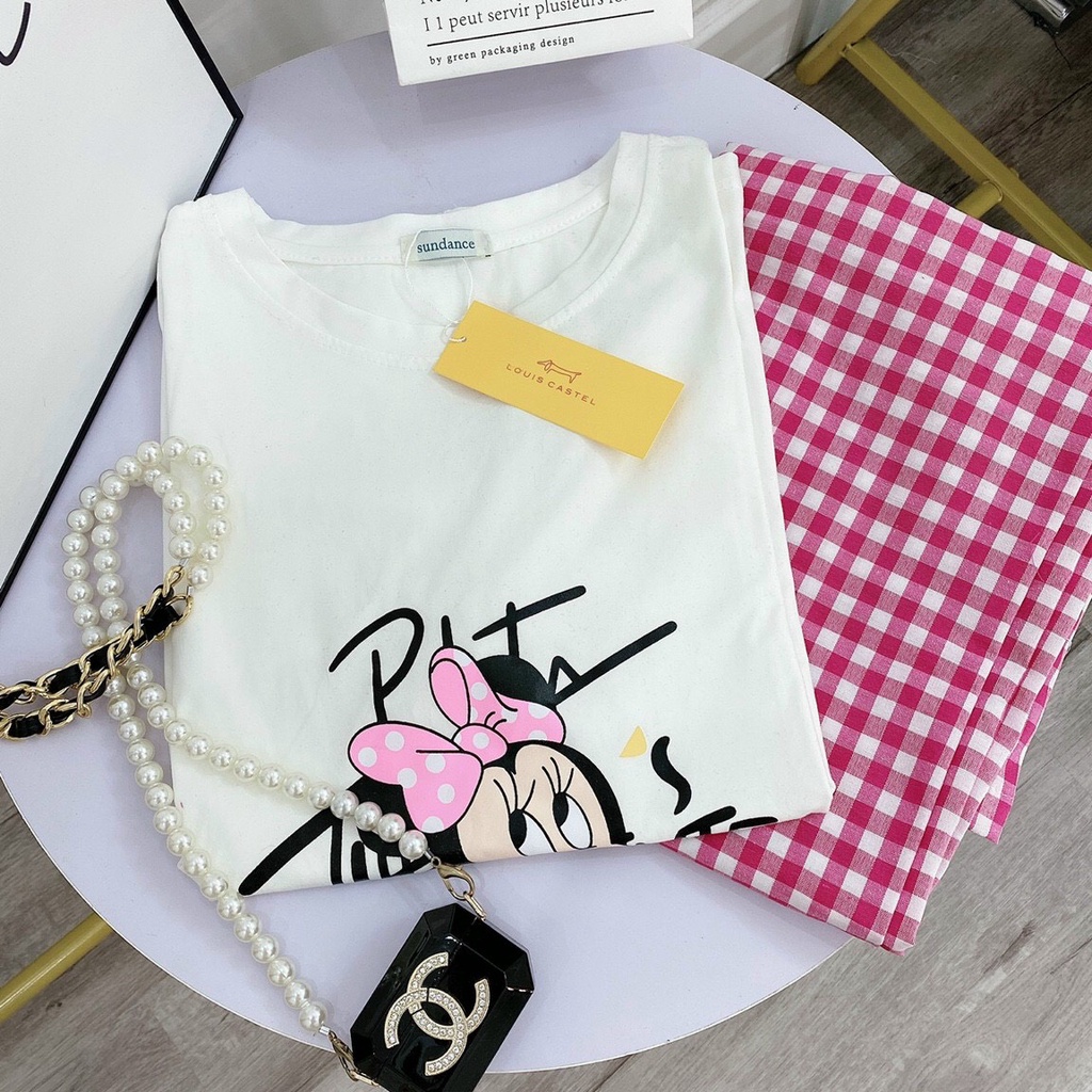 Bộ đồ mặc nhà nữ in chuột micky conton tàu ,quần kẻ caro siu kute.
