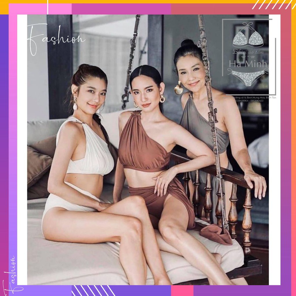 [Xưởng May Bikini Hà Minh] Bikini, bộ bơi áo lệch vai phối khoen vuông, quần nơ dài, phong cách Hy Lạp - EVA shop