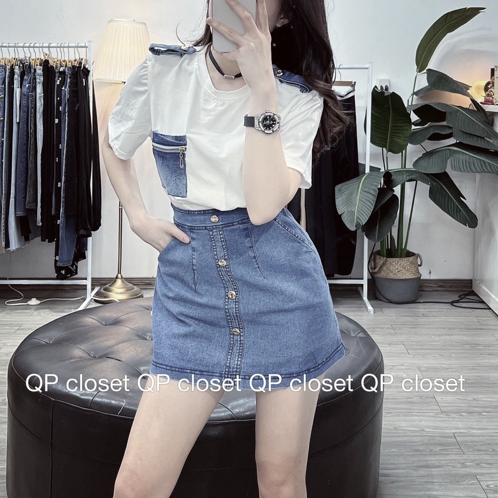 set bộ nữ áo phông và chân váy bò siêu xinh hàng QC