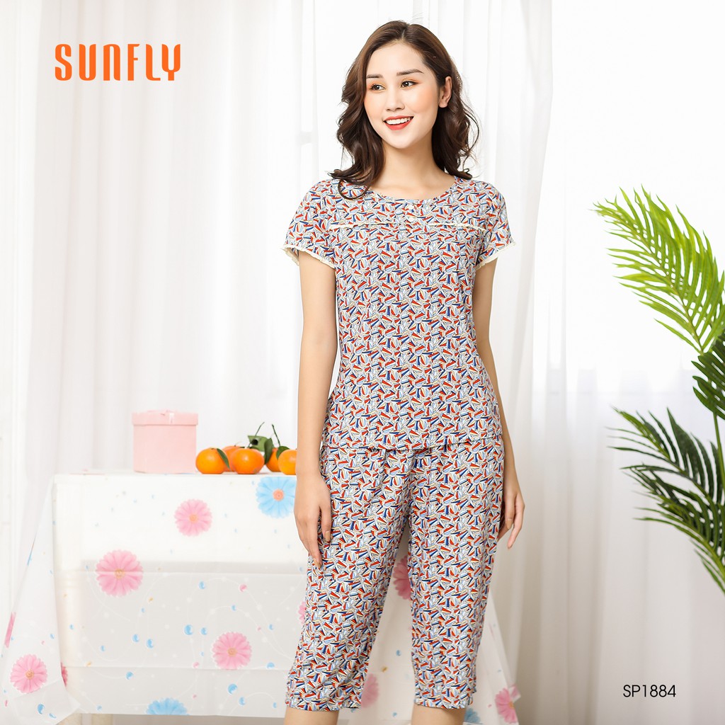 Bộ đồ mặc nhà nữ SUNFLY chât lanh mặc nhà áo tay cộc, quần lửng SP1884