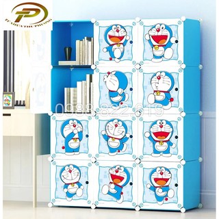 Tủ quần áo nhựa lắp ghép đa năng 12 ô sâu 37 CM ( cửa Doremon 9  mẫu- Xanh Dương)