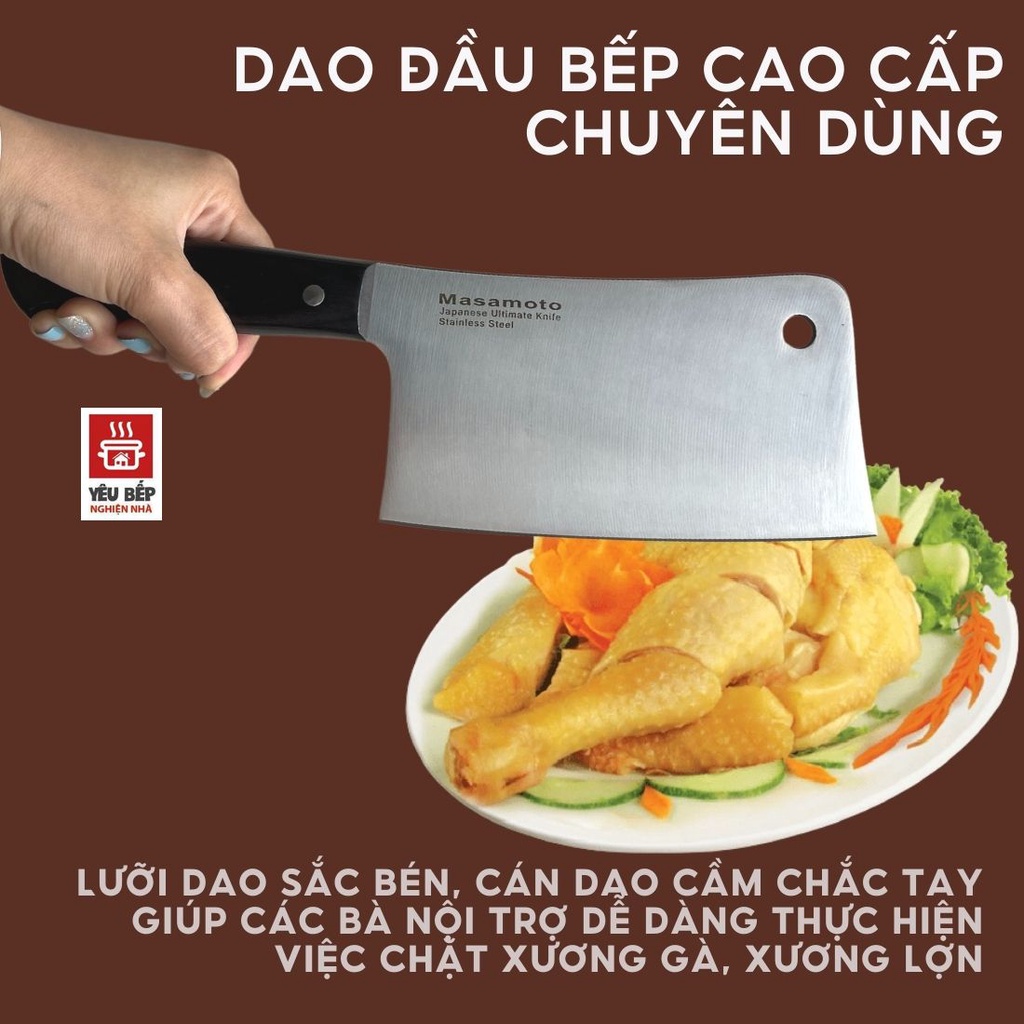 Dao Chặt Xương Thịt Gà Masamoto Cỡ Đại Cán Gỗ Pakka Thép SUS420J2 - MK804