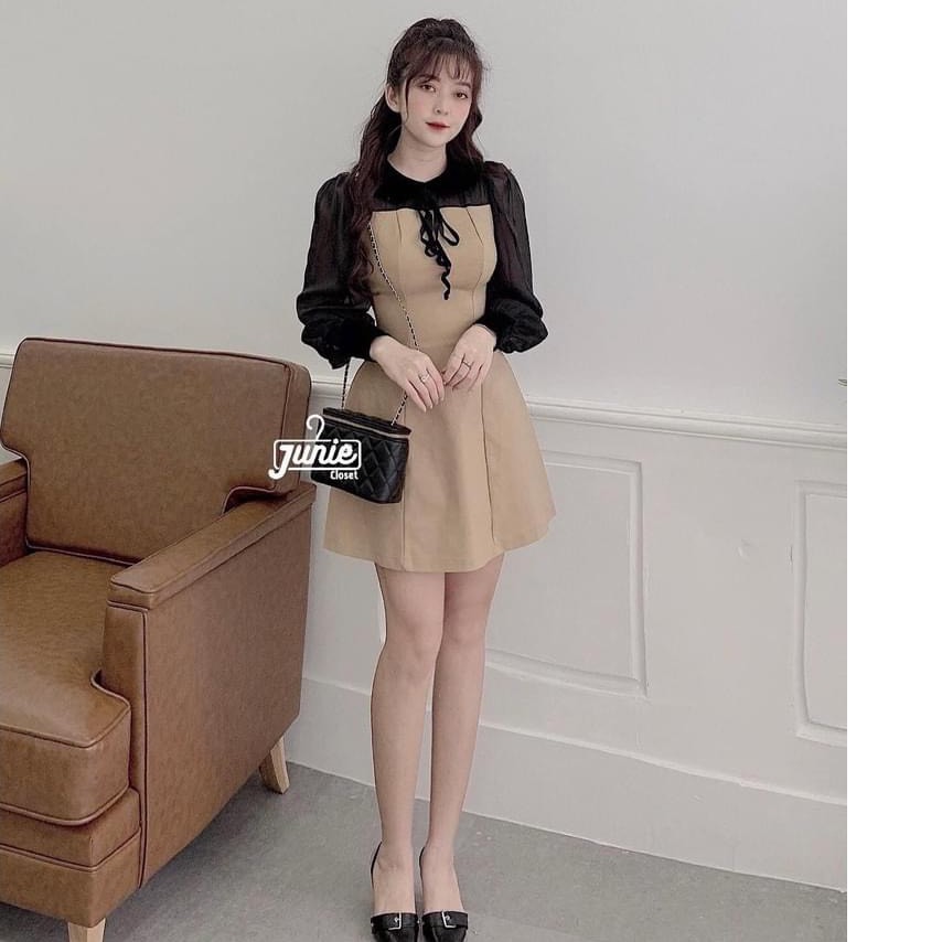 Váy Xòe Chất Da Nâu Phối Voan Tơ Cổ Nơ,  Đầm Xòe Tay Phồng Hàng Thiết Kế Form Dáng Chuẩn. | BigBuy360 - bigbuy360.vn